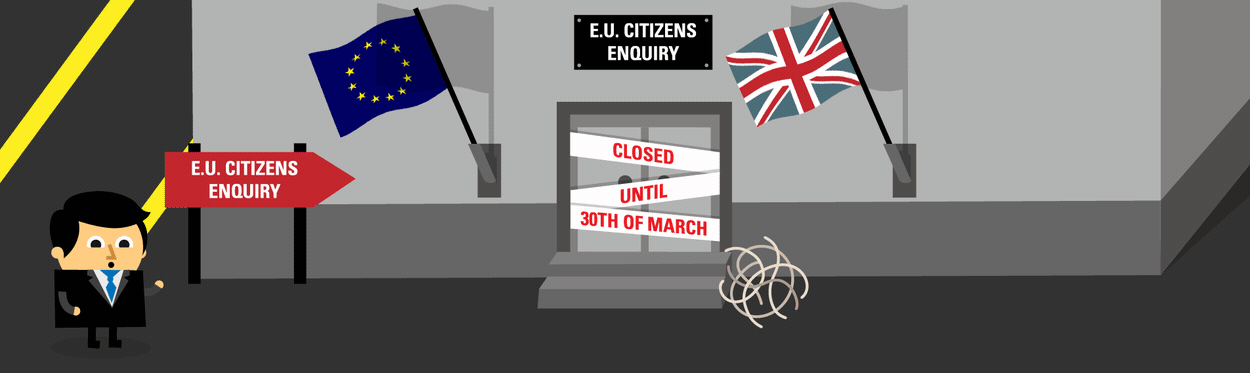 A gif of cartoon characters outside a tent with a character of Teresa May gazing into a crystal ball with a sign saying 'Brexit, will you stay in the UK, yes or no'