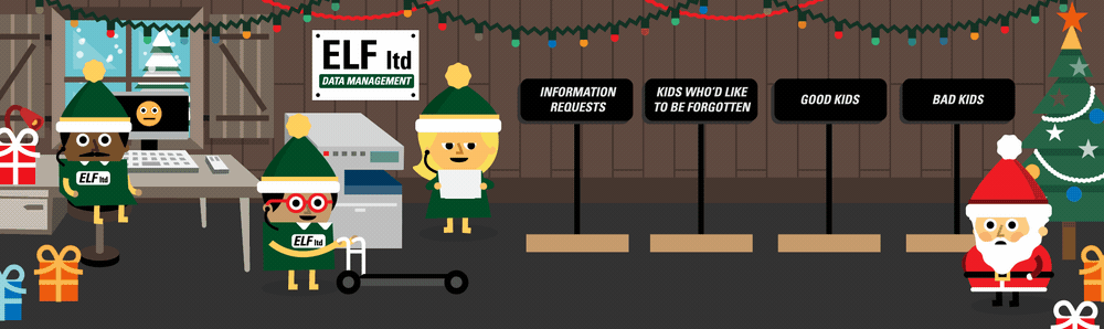 A gif of Santa's elves working in data management and sorting paperwork