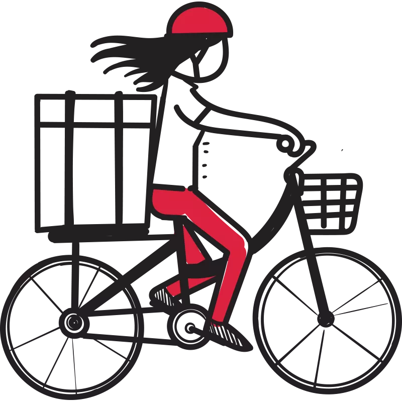 An illustration of someone riding a bicycle with a box on the back