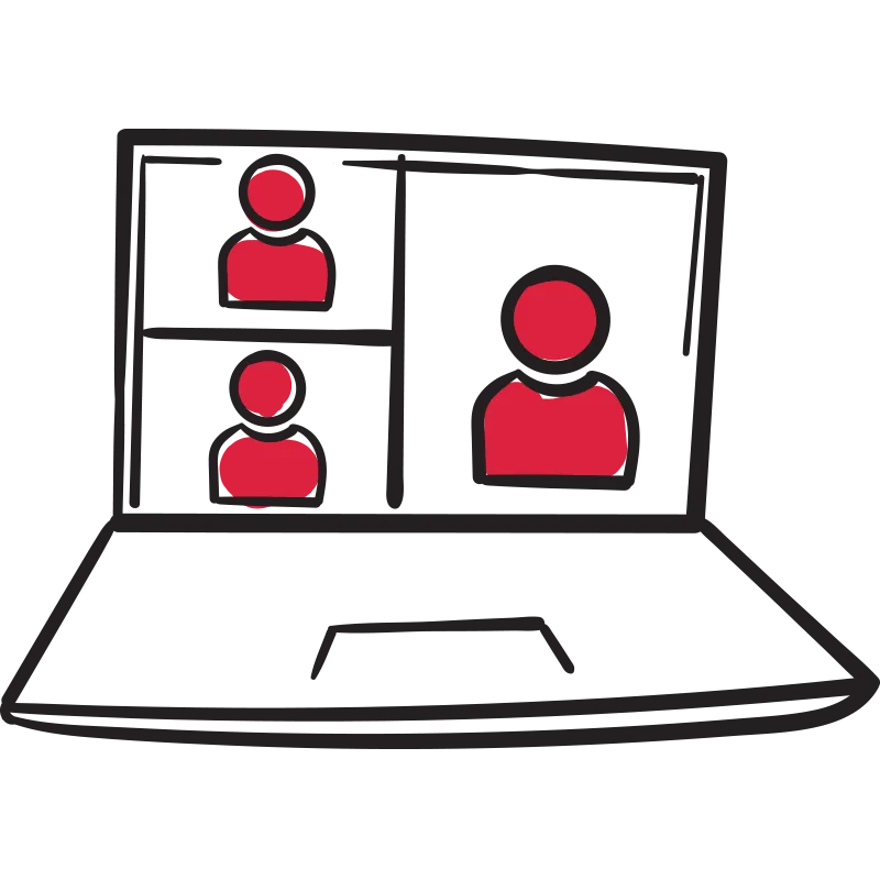 An illustration of a laptop showing characters of three people