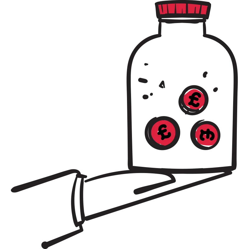 An illustration of a hand holding a jar with three pound coins in it