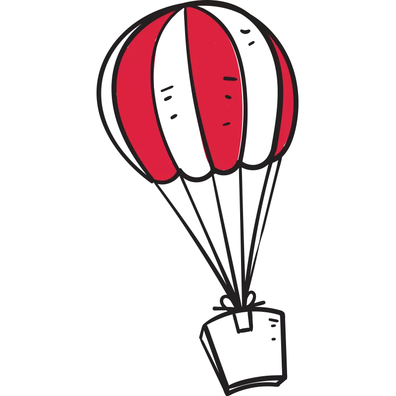 An illustration of a balloon carrying a wrapped present