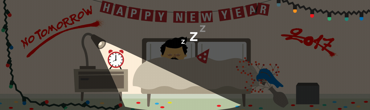 A gif of someone waking up on New Years day and then stressing out as he does his tax return. Two watching characters decide to help him