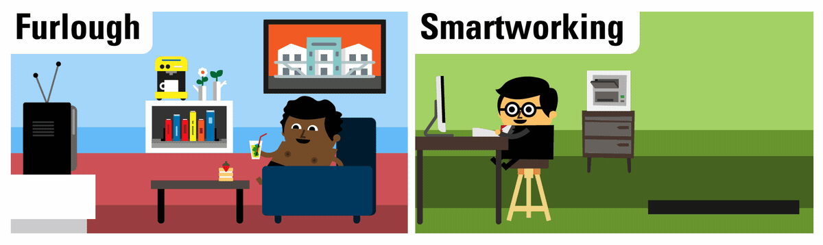 A gif showing someone at home watching TV and relaxing with a sign saying 'furlough' that then changes to 'redundancy' and all his stuff is stripped away'. On the right, a man works at a desk under a sign saying 'smartworking' next to an ever-growing pile of money