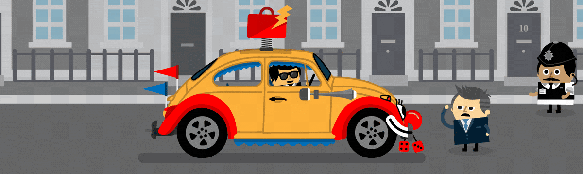 A car picks up Rishi Sunak, drives off and rapidly falls apart