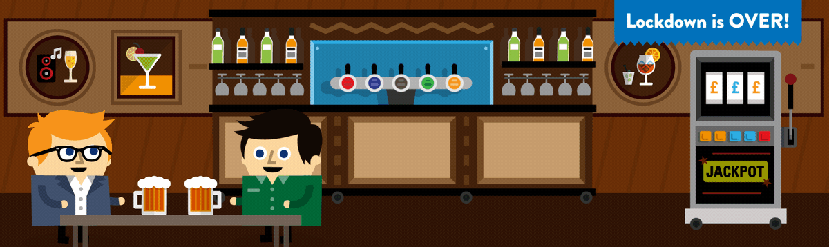 Gif of two men enjoying drinks in a bar with 'lockdown is over' on the wall. They're then transported to a 'U-Work' office and their drinks disappear
