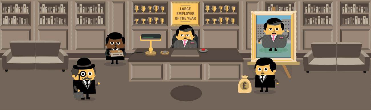An office with a man behind a desk marked 'large employer of the year'. Another man puts a bag of money on the floor which falls to an office below with a sign reading 'rising star of the year'. They then welcome an apprentice