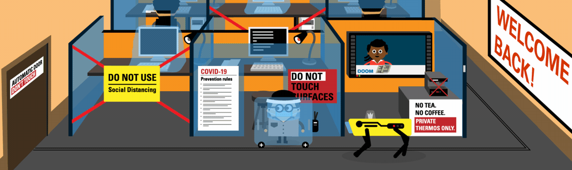 A gif of a man walking into an office full of social distancing and Covid-19 measures. He is scanned by a robot and then greets colleagues