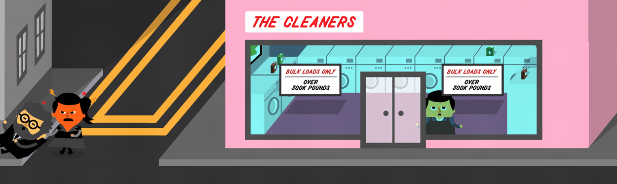 A gif of a launderette with cartoon characters. A woman drags a man to one but is refused entry. Another man arrives with a banner saying 'Have you tried ADR yet?' and they head to that one