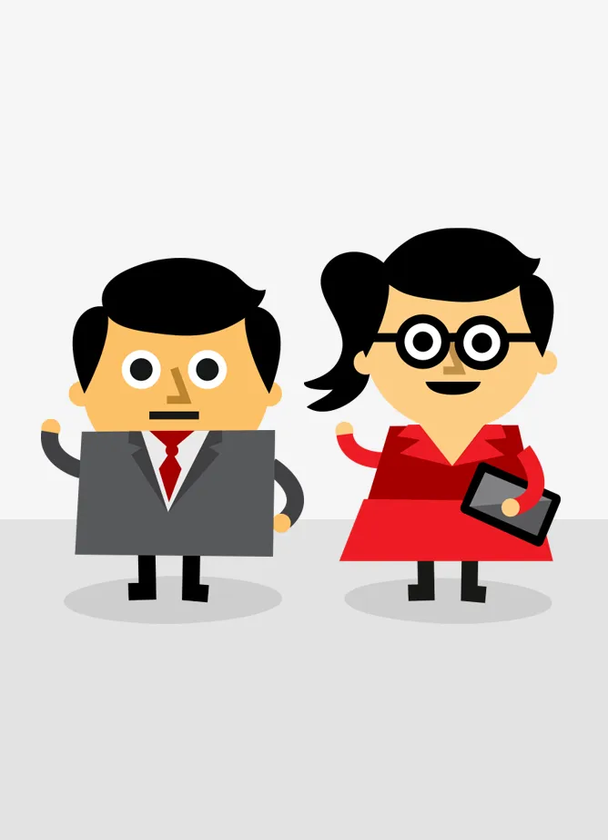 Cartoon characters of Oury and Clark, a man in a grey suit and a woman with glasses and red dress