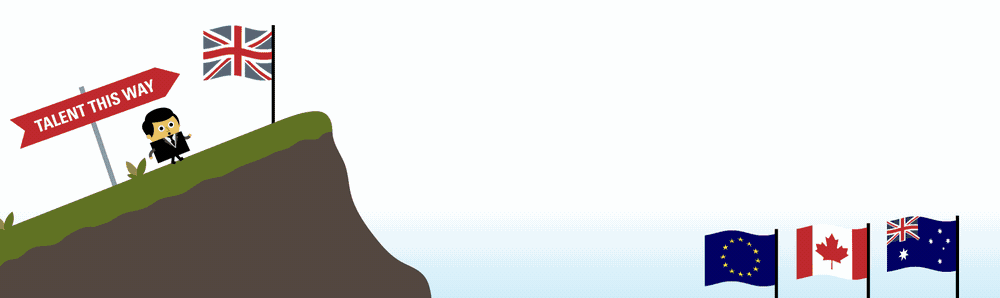 Gif of a man heading up a hill following a sign saying 'talent this way'. He falls off and is picked up by a foreign talent scout before a robot arms delivers him to a piece of land with EU, Canada and Australia flags on