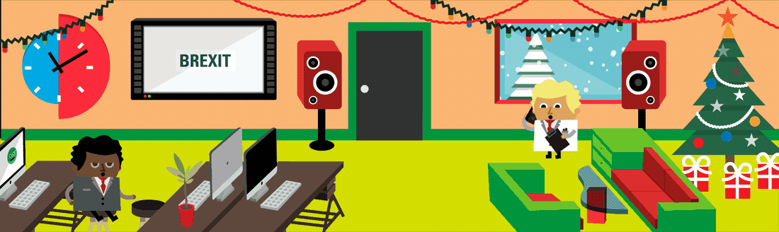 A gif of an office decorated for Christmas. Theresa May is seen on a screen marked 'Brexit'. A taxman arrives and distributes gifts from a sack marked R&D tax relief