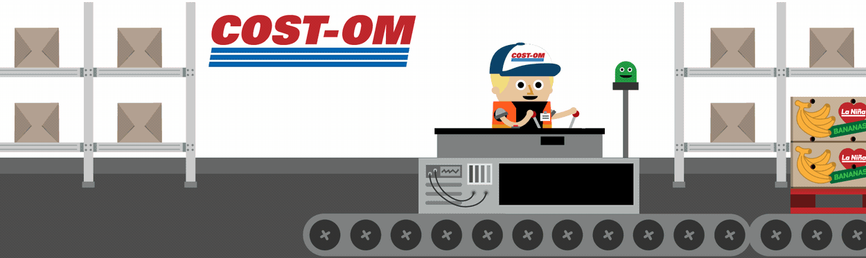 A gif of a factory called Cost-om where boxes of bananas arrive on a conveyor belt. They are free to pass. More boxes arrive and a PPT tax alert goes off.