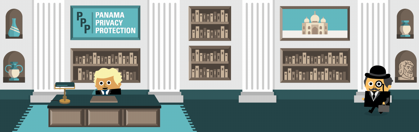 A gif of man in an office called Panama Privacy Protection. Characters arrive and open a safe full of trust deeds