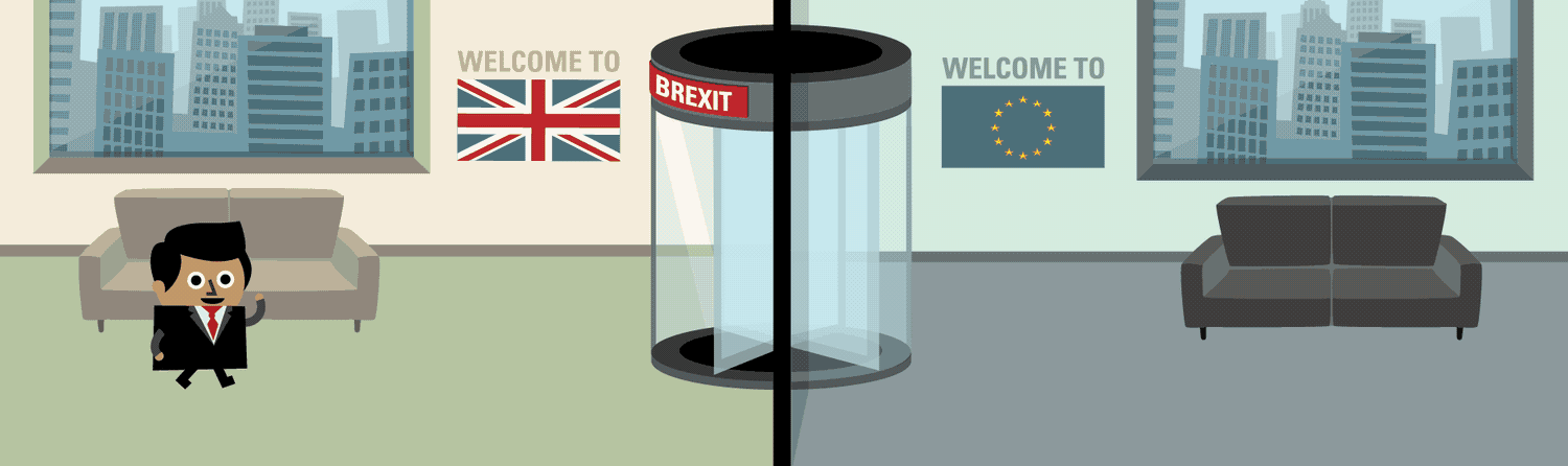 Gif of a revolving door between the UK and EU. A man goes through to be greeted by a woman and confetti, another man gets sent back to the UK