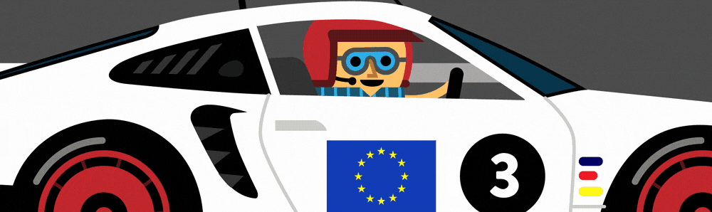 Gif of someone driving a sports car with the European Union logo on the side. A mini with the Union jack on it overtakes it