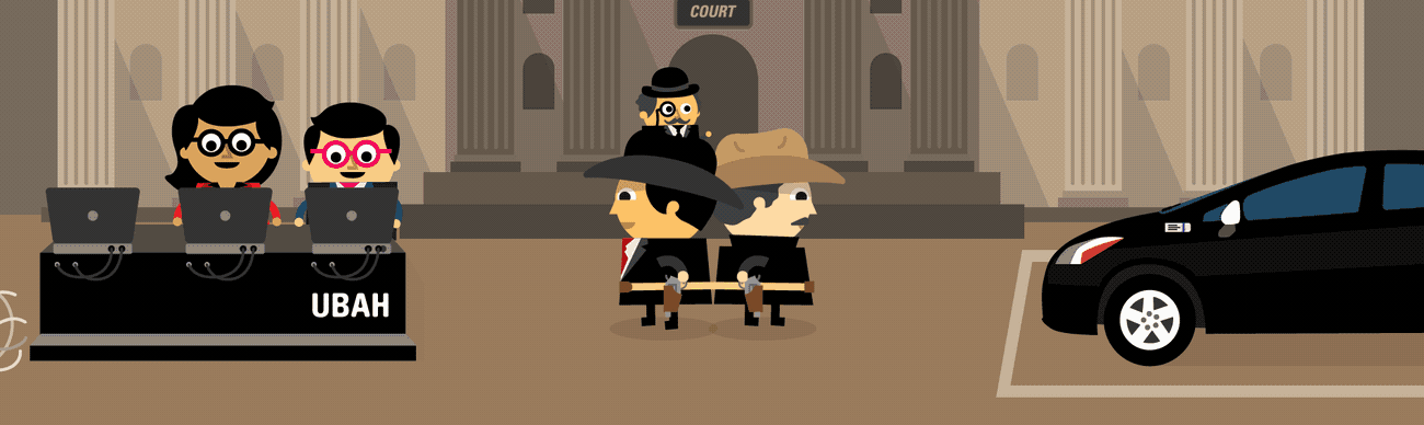 Gif of Oury and Clark using laptops while two characters in cowboy hats have a duel with guns that fire signs saying 'you are self employed', 'I'm an employee' and 'no you are not' in front of a court