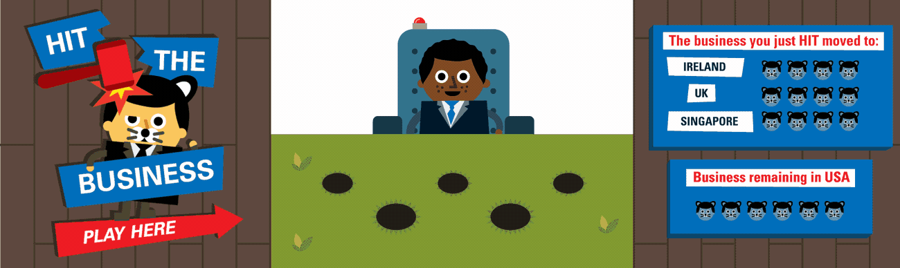 A gif a cartoon character playing whack-a-mole before Donald Trump knocks them out of the way, each one hit represents a business moving to either USA, Ireland, UK or Singapore