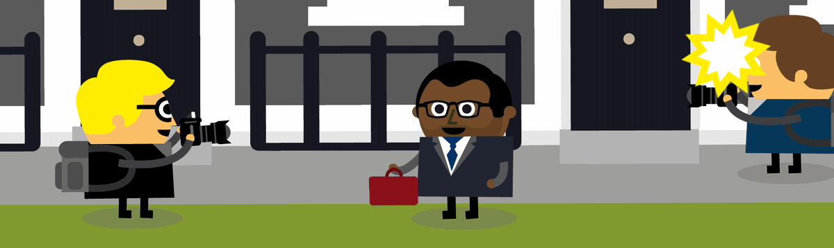 A gif of a cartoon character of chancellor Kwasi Karteng delivering a budget and climbing a giant beanstalk that then falls apart, Liz Truss emerges from 10 Downing Street and is removed by a claw