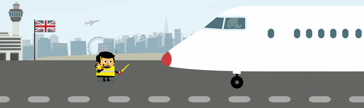 A gif of a plan landing, a cartoon character emerges and confetti rains down as a sign reads 'welcome to London'