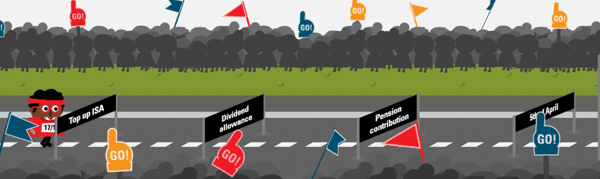A gif of a cartoon character jumping over a series of hurdles in a race - the hurdles include things like pension contributions and ISAs and the finish line is the 6th of April