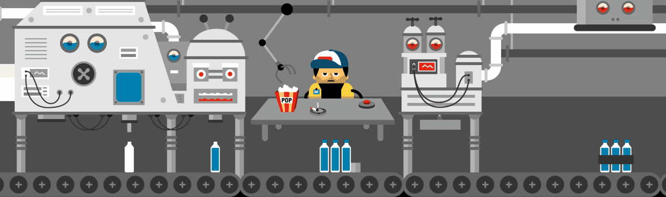 A gif of a manufacturing line with a person operating it while being fed popcorn by a robot arm
