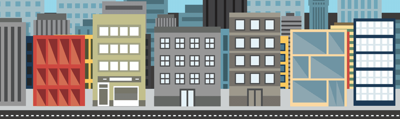 A gif of cartoon characters parachuting form a plane into a city, one arrives in an office to be given a skilled worker position