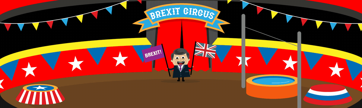A gif showing the Brexit Circus with cartoon characters representing various politicans such as Donald Trump and Boris Johnson