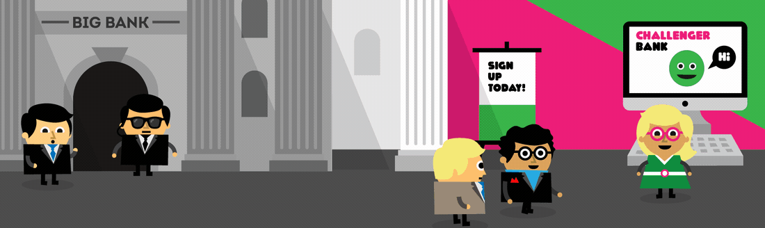 A gif of a challenger bank next to a big bank, a cartoon character then sits on a pig and fires at targets before being told his account is open