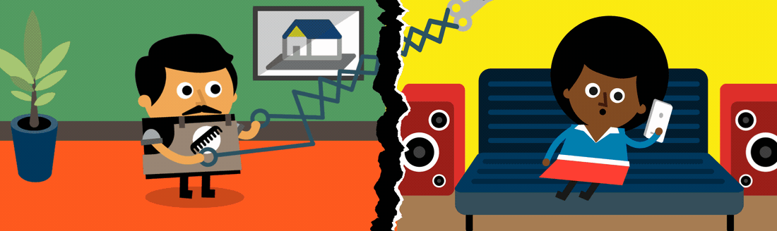 A gif showing various cartoon characters doing work remotely, such as cooking or cutting hair