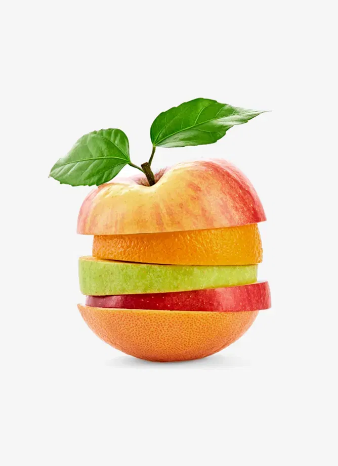Photo showing a variety of apples and oranges sliced in section and placed together to form a lopsided fruit