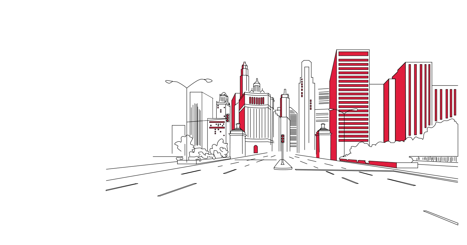 an illustration of a road leading to a city skyline