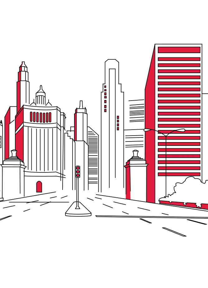 an illustration of a road leading to a city skyline