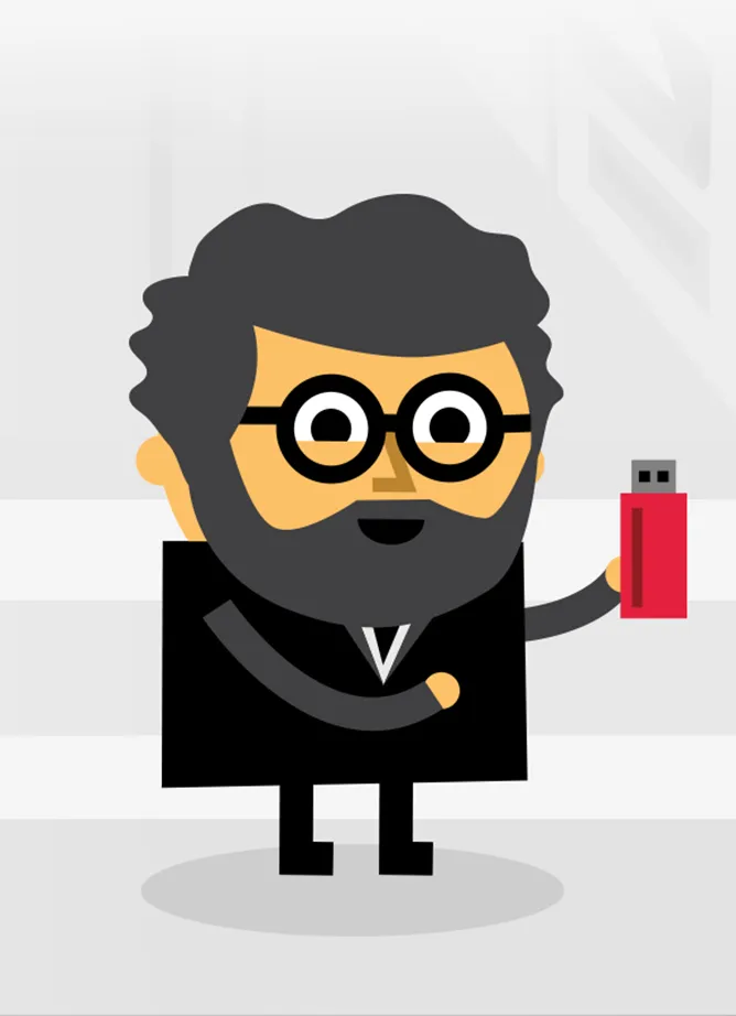 A cartoon character with glasses holding a red USB stick