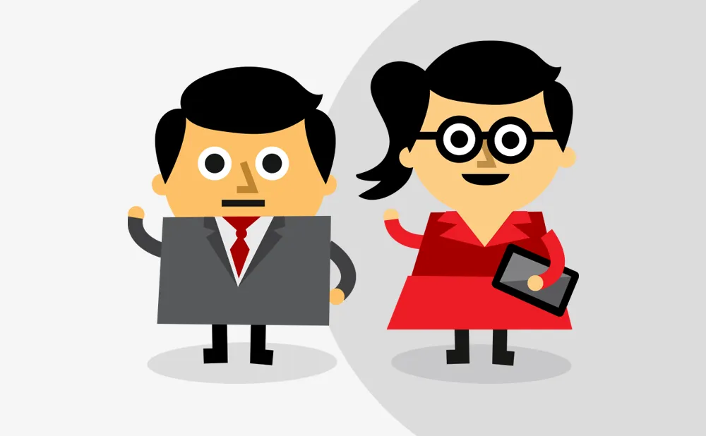 Cartoon characters of Oury and Clark, a man in a grey suit and a woman with glasses and red dress