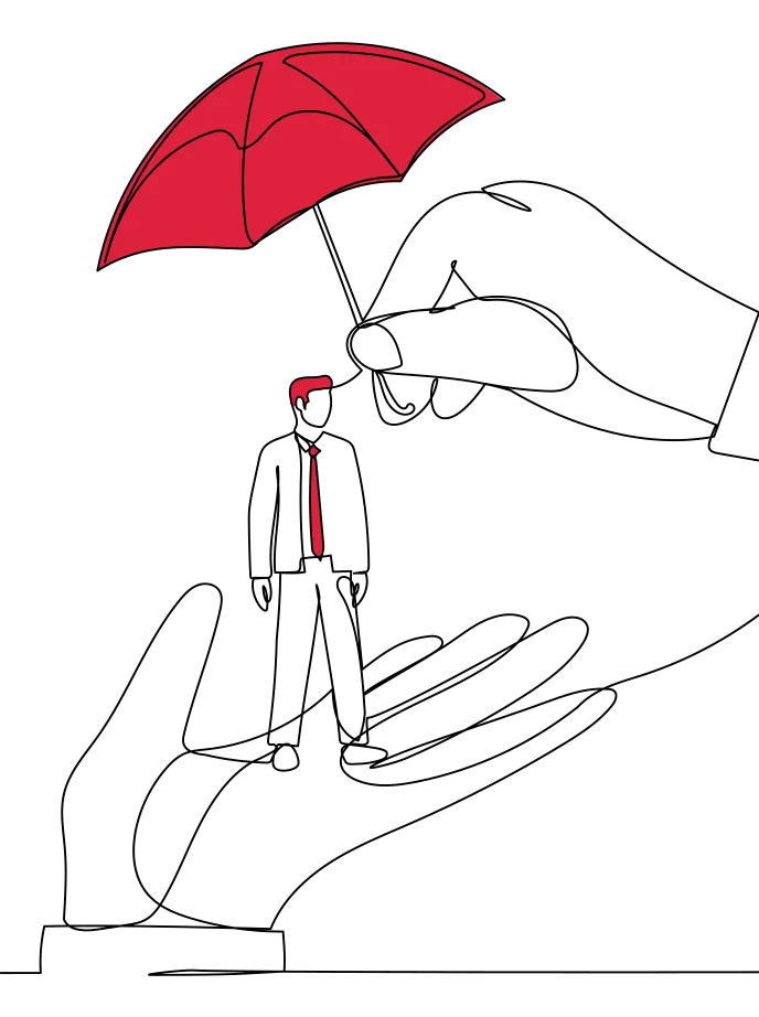 An illustration of a man wearing a tie, standing on an outsized palm of a hand, while another hand shelters him with a red umbrella