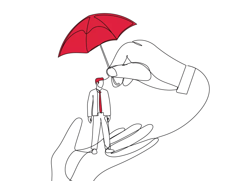 An illustration of a man wearing a tie, standing on an outsized palm of a hand, while another hand shelters him with a red umbrella