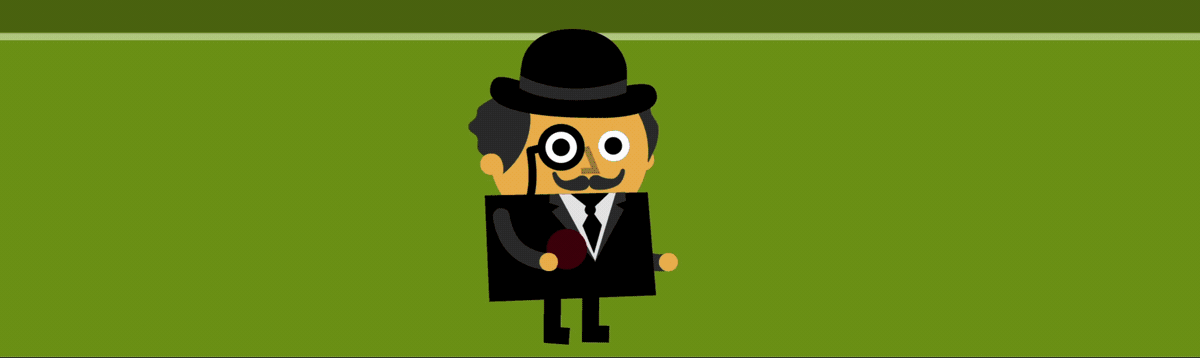 gif of a character wearing a bowler hat and monocle bowling a cricket ball marked 'trade tariffs' to a batsman