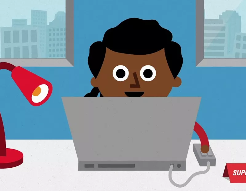 Cartoon character of a man using a laptop on a desk