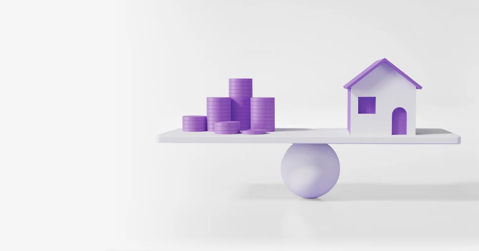 An image showing a purple ball holding up a shelf on which are balanced purple coins on one side, a white and purple house on the other