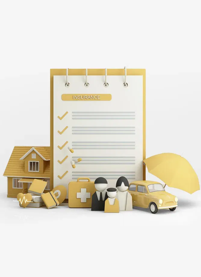 Various miniature figures around the theme of life insurance, including a house, car and pad