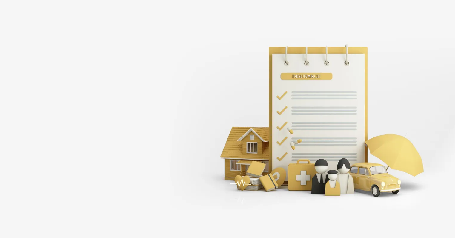 Various miniature figures around the theme of life insurance, including a house, car and pad