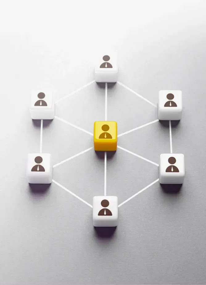 6 black figures on white tablets surround and are linked to a central black figure on a yellow tablet