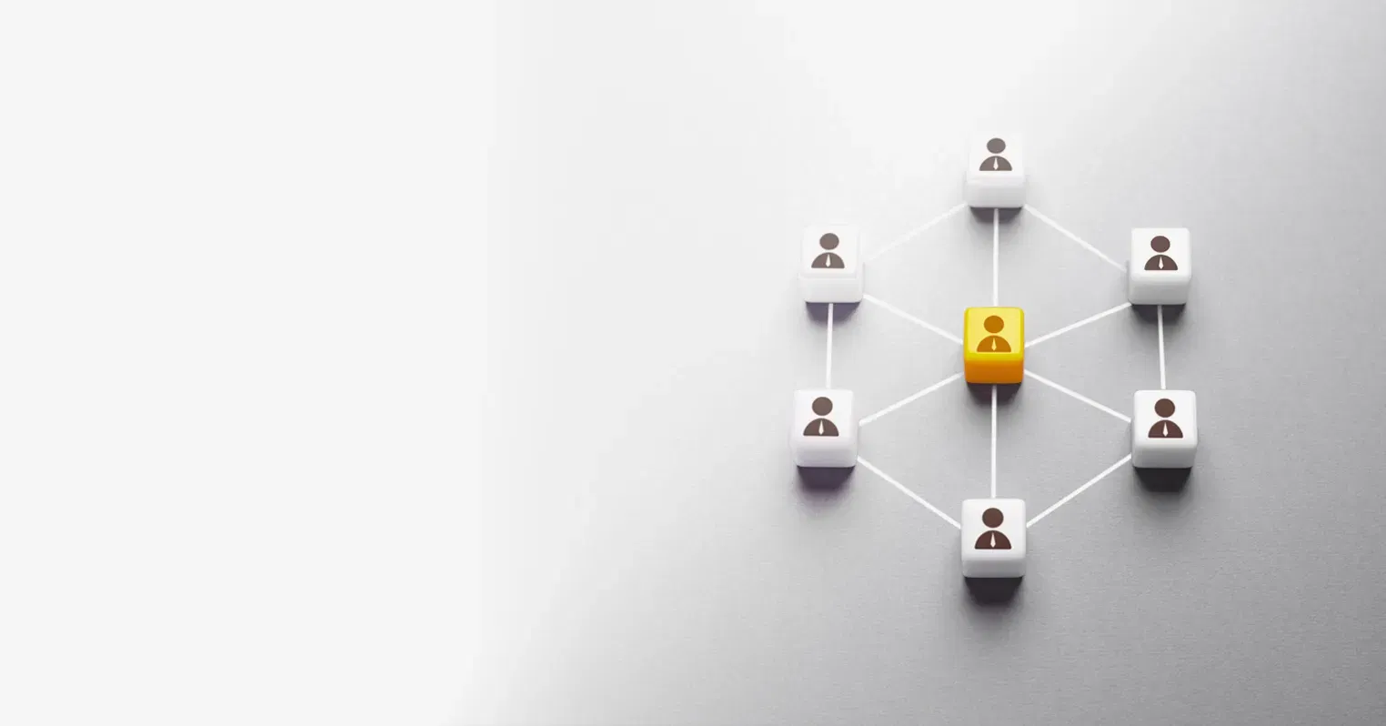 6 black figures on white tablets surround and are linked to a central black figure on a yellow tablet