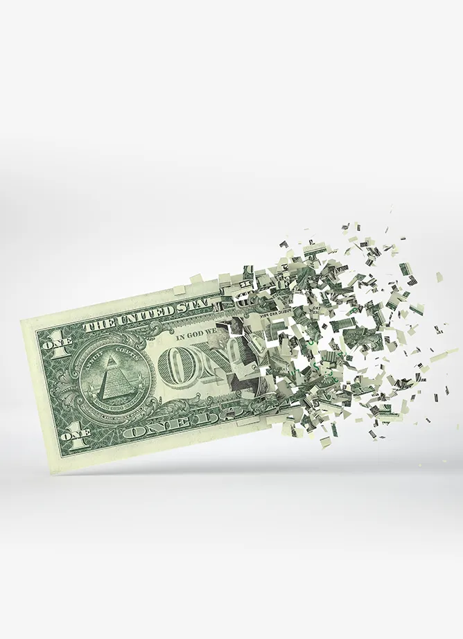 An image of a US one dollar that starts to fracture and fall apart around the middle and the right side is completely in bits