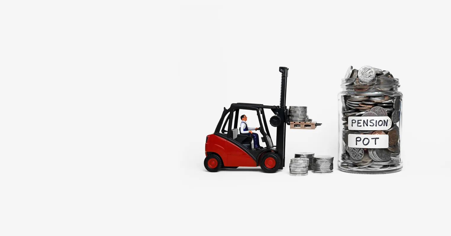 A toy forklift truck driven by a toy figure of a man lifts coins into an overflowing glass jar that is marked 'pension pot'.
