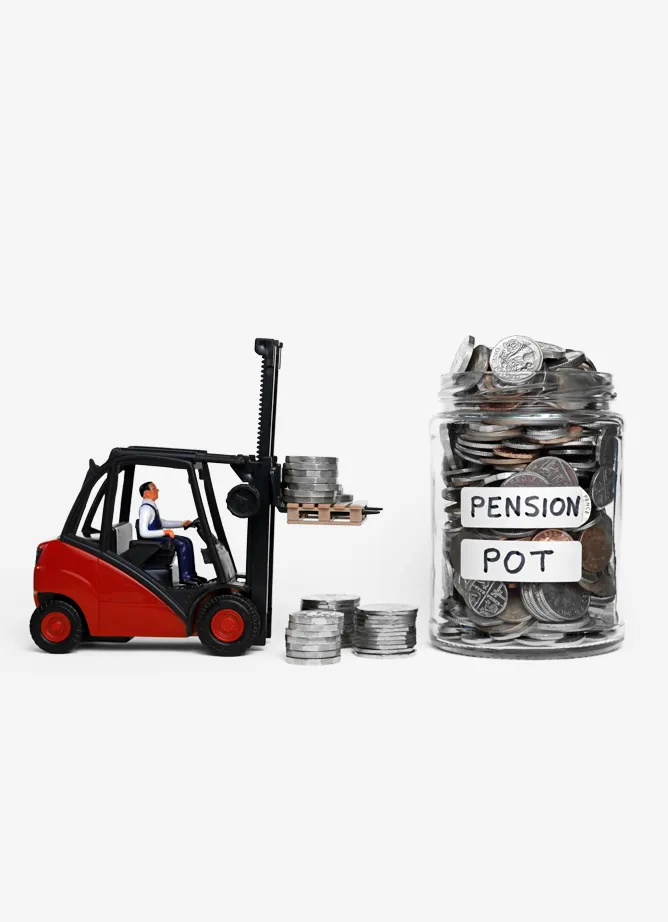 A toy forklift truck driven by a toy figure of a man lifts coins into an overflowing glass jar that is marked 'pension pot'.