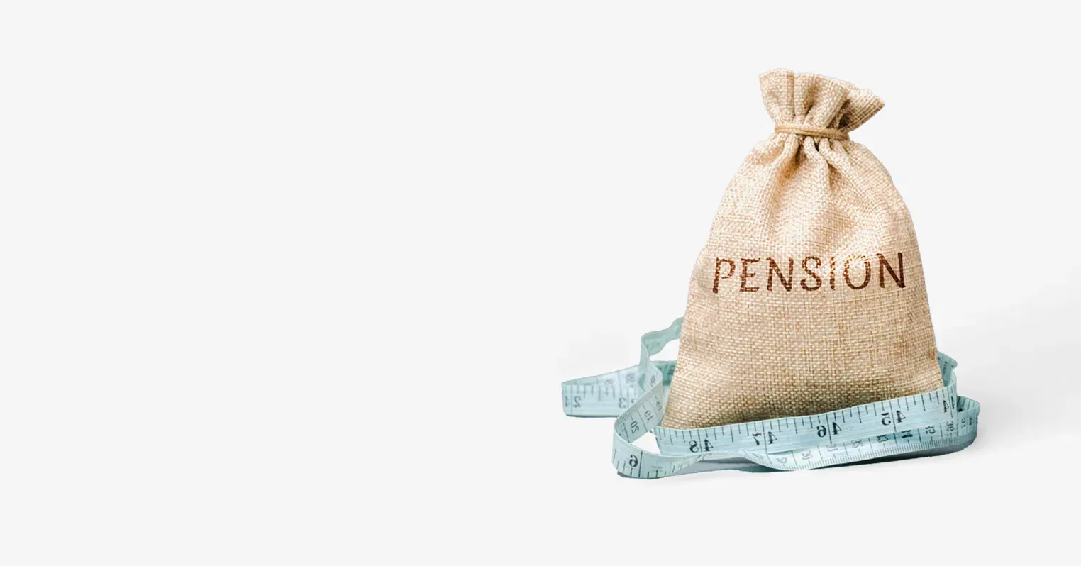 A hessian bag with the writing pension on it is surrounded by a tape measure