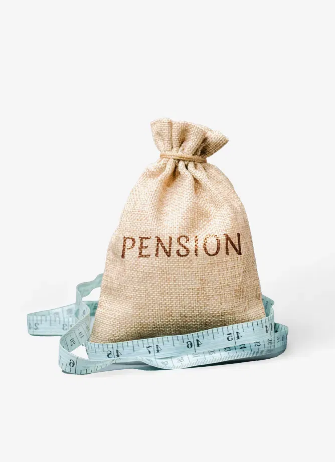 A hessian bag with the writing pension on it is surrounded by a tape measure