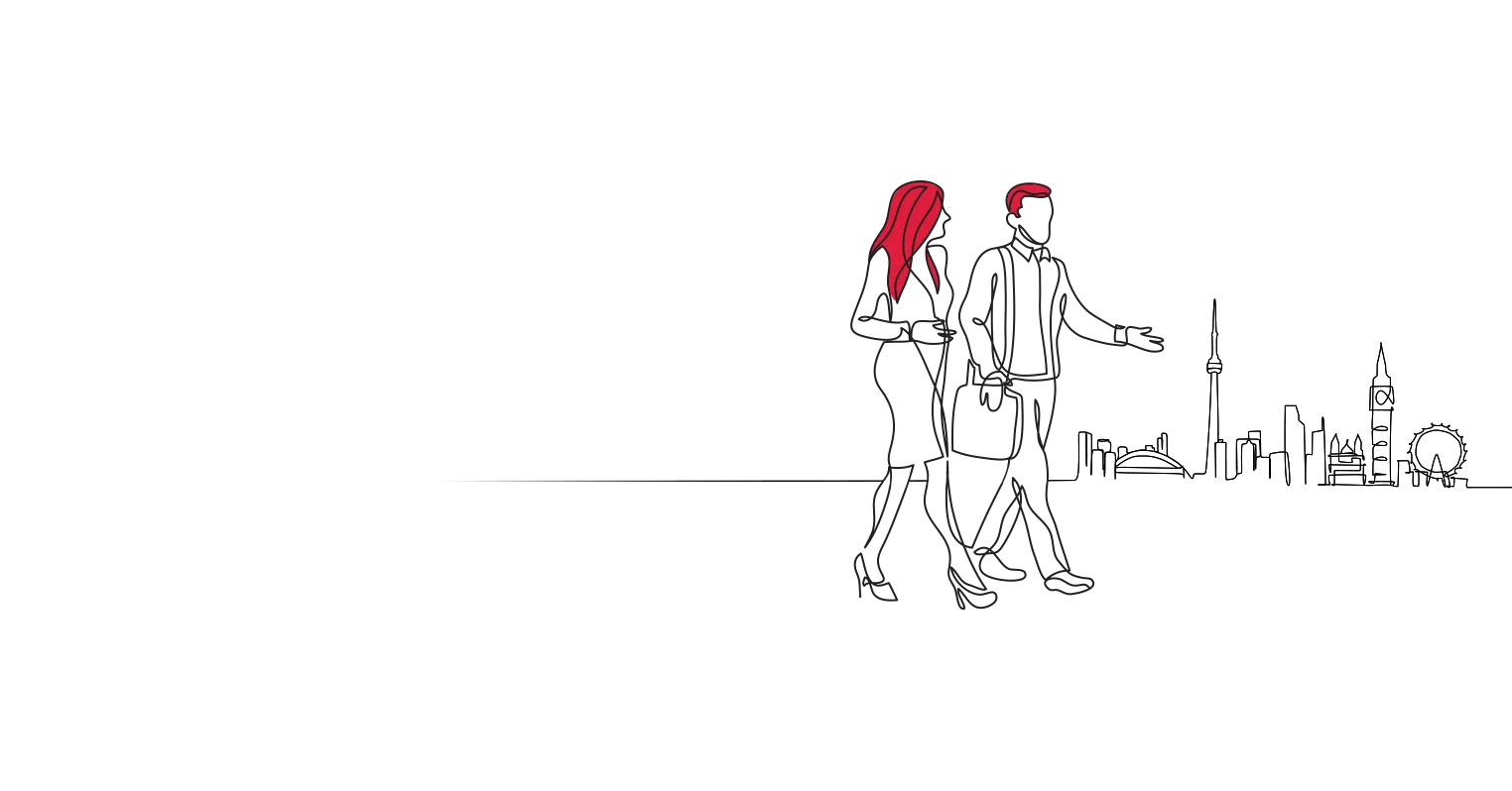 An illustration of a man and woman walking in front of a cityscape, the man has a satchel over his shoulder